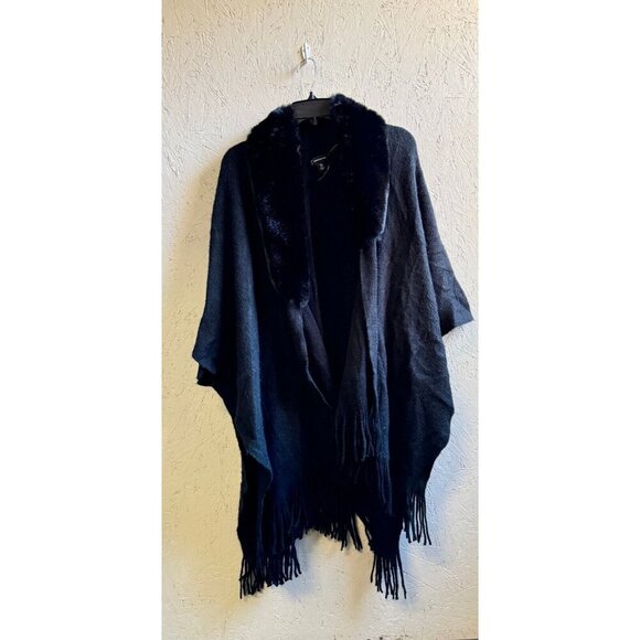 INC Inter. Concepts faux-fur trim fringe open front ruana poncho topper - Black - Picture 2 of 7